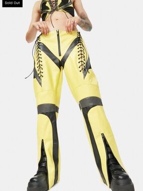 Yellow & Black Lace-Up Wide Leg Faux Leather Pants
